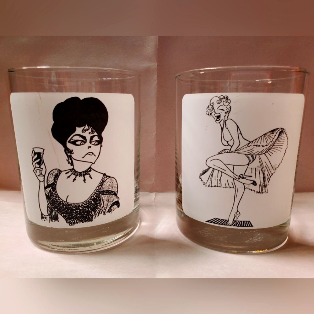 RARE Vintage 1983 AL HIRSCHFELD Hollywood Regency Lowball on the Rocks Glass Set